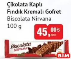 BİSCOLATA NİRVANA ÇİKOLATA KAPLI FINDIK KREMALI GOFRET 100 G